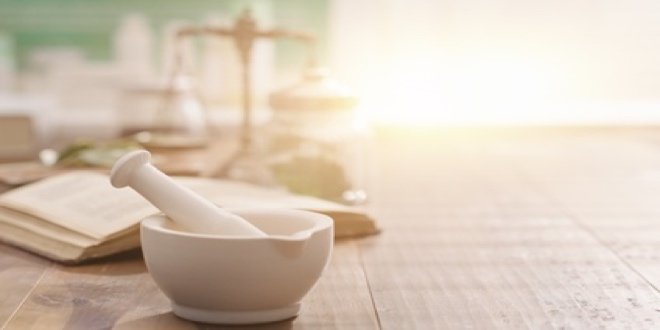 Mortar and pestle on the pharmacist's table