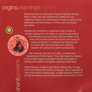 shanti yoga cd inner cover, spiritual journey to origins, yearnings and destiny