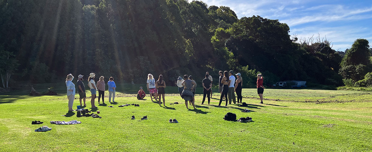 volunteers regrouping after refreshing lunch at the end of Nirvana garden working bee day